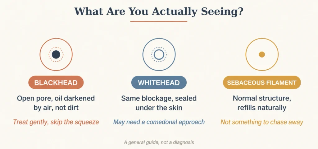 Blackhead, whitehead and sebaceous filament comparison showing the differences between clogged pores and normal pores