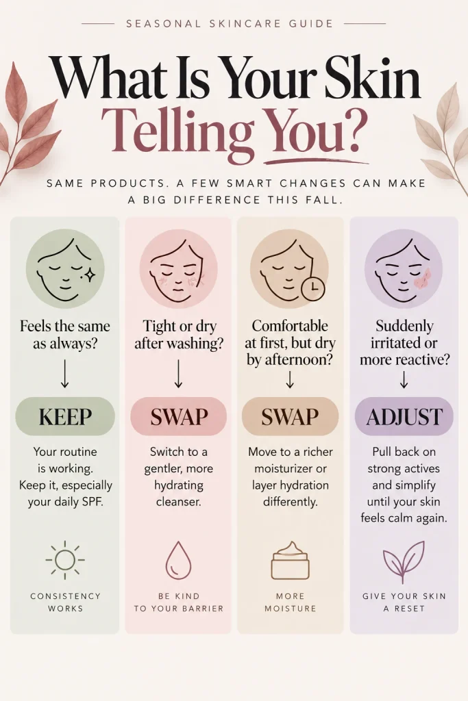 Fall skincare routine guide showing when to keep, swap or adjust skincare products based on how skin feels