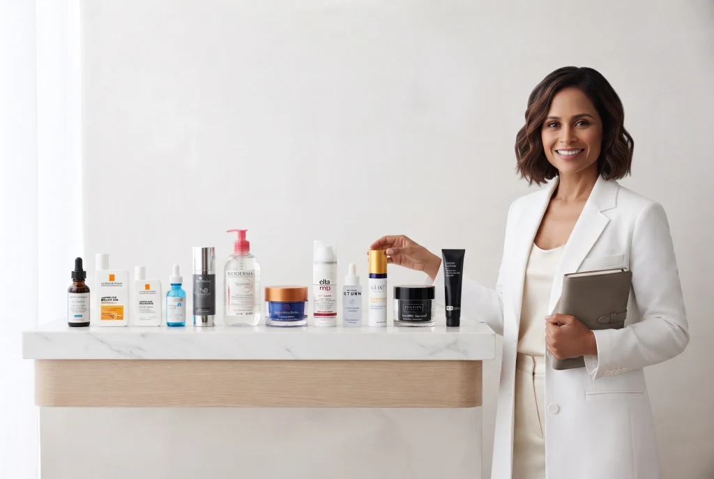 Use:
Alt text: Dermatologist with dermatologist-recommended skincare brands and products