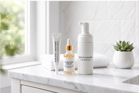 Hormonal acne skincare routine with cleanser, serum and acne spot treatment