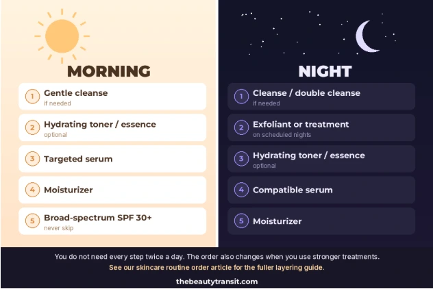 Morning and night glass skin skincare routine steps