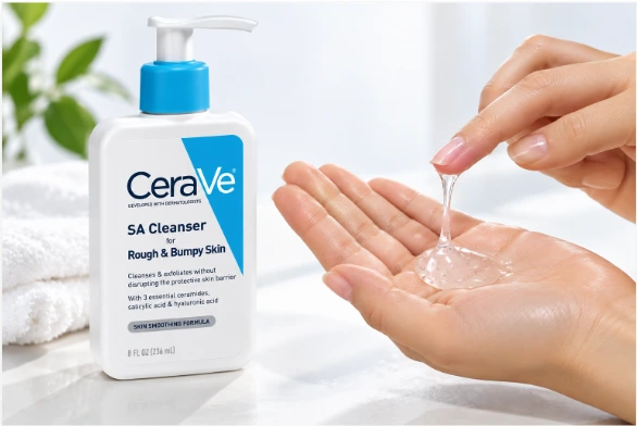 CeraVe SA Facial Cleanser showing foaming texture in hand