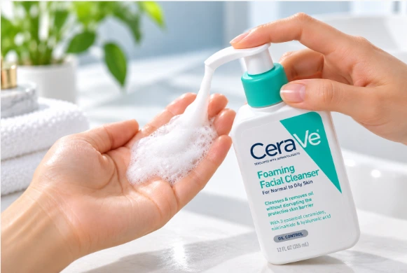 CeraVe Foaming Facial Cleanser dispensing foaming cleanser into hand
