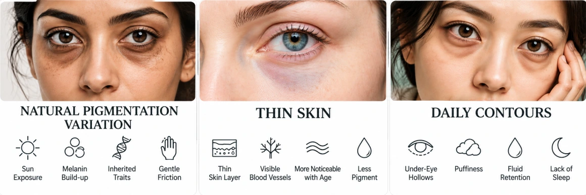 how to get rid of dark eye circles by identifying pigment, thin skin and under-eye hollows