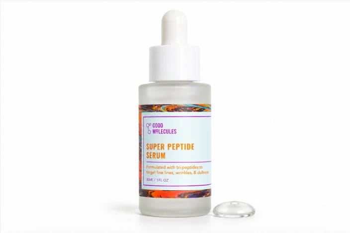Good Molecules Super Peptide Serum in a frosted dropper bottle, best anti-aging serum for wrinkles
