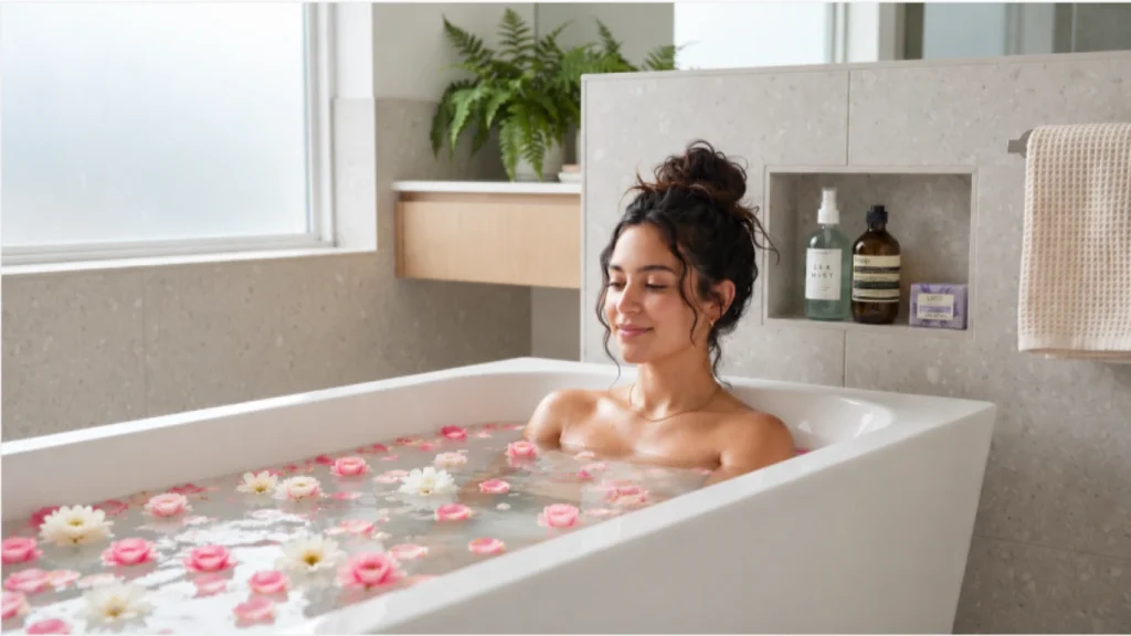 Woman relaxing in a flower-filled bath during an everything shower routine