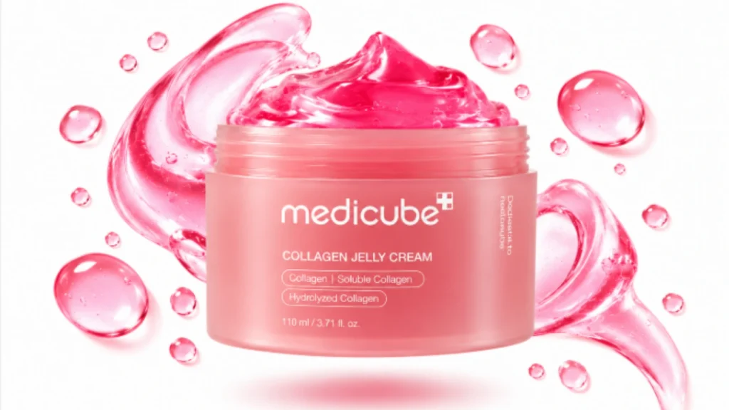 Medicube Collagen Jelly Cream with pink jelly texture on a white background