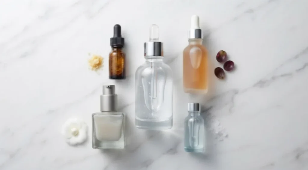Skincare serums and treatment bottles used in a skin cycling routine