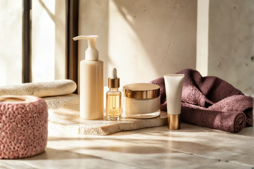 Fall skincare routine with cleanser, serum, moisturizer and sunscreen in warm autumn light