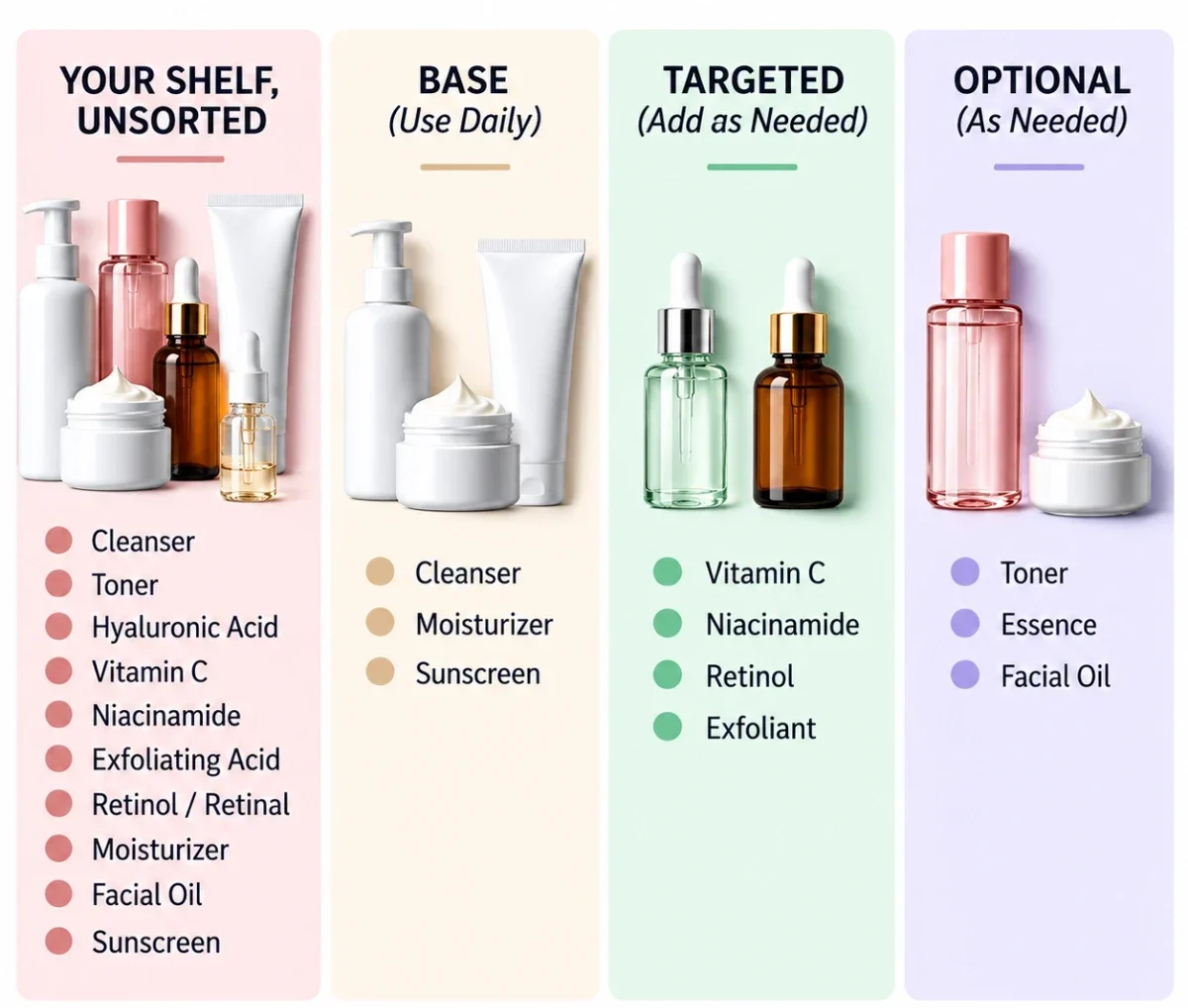 TBT Routine Rescue guide sorting skincare products by purpose.