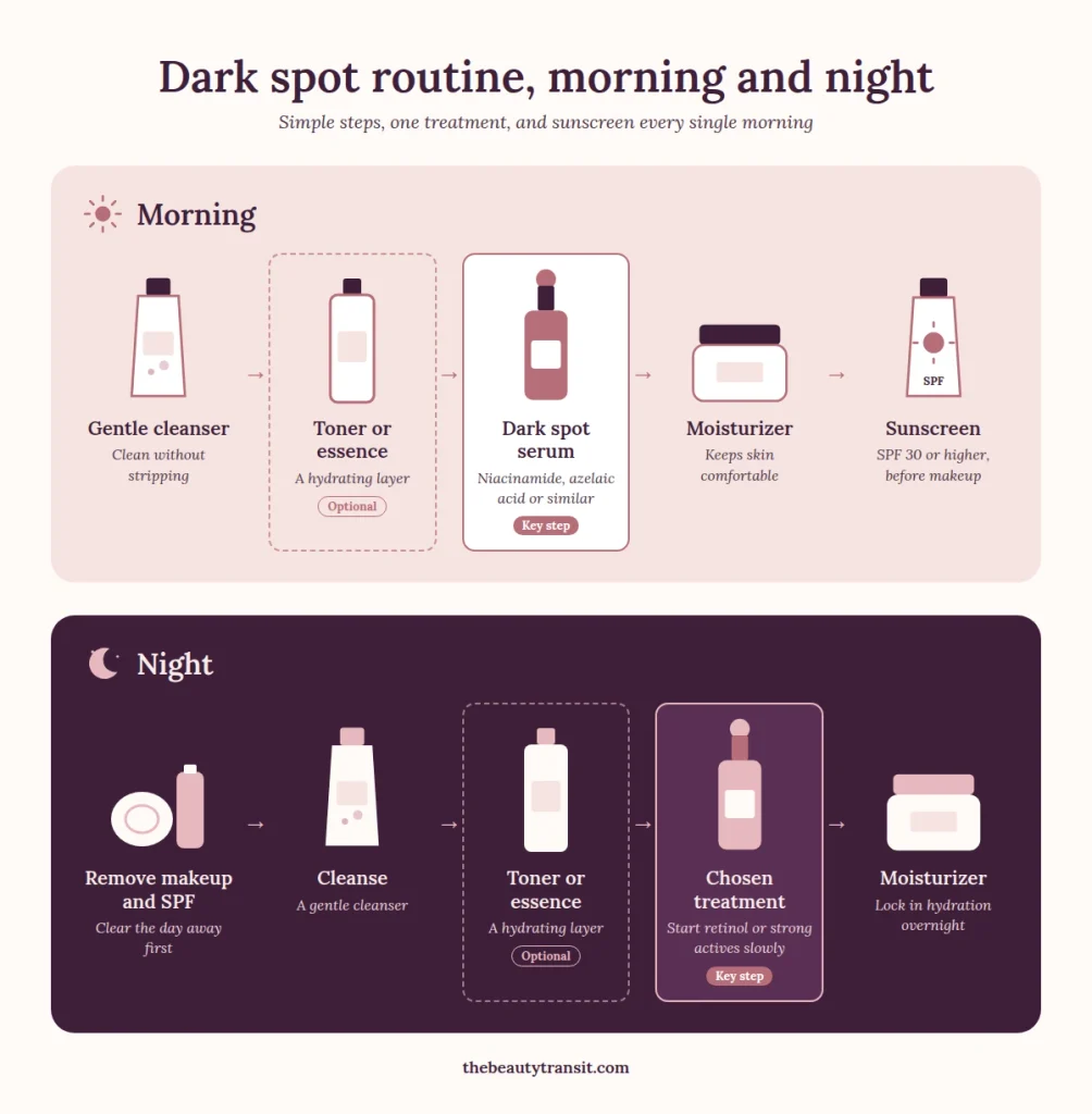 Simple morning and night skincare routine for dark spots on face