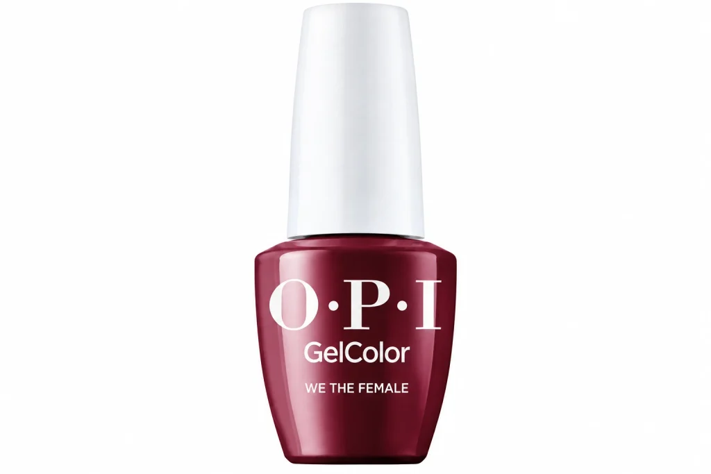 OPI GelColor We the Female, a best red nail polish pick in a deep burgundy red