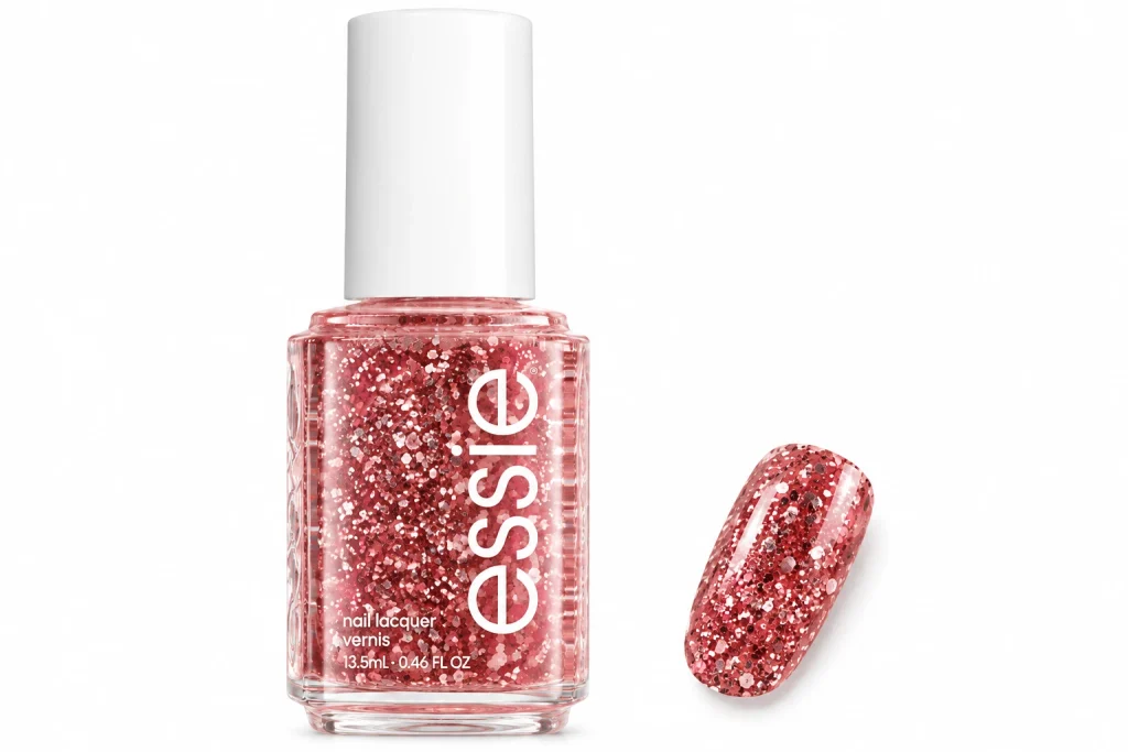 Essie Luxeffects A Cut Above hot pink glitter nail polish bottle with one nail painted in the glitter, one of the best glitter nail polish picks