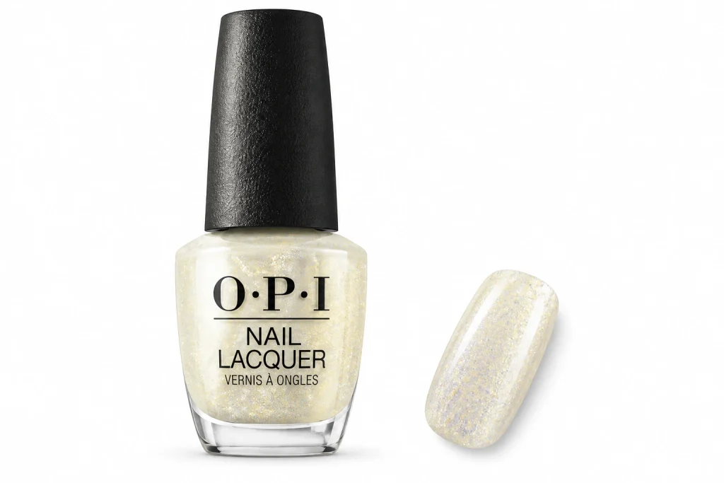 OPI Gliterally Shimmer sheer iridescent glitter nail polish bottle with one nail painted in the shimmer, one of the best glitter nail polish picks